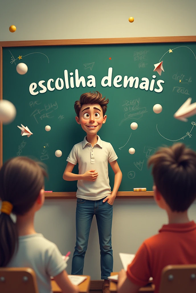 Logo with the name “ESCOLINHA DEMAIS” with a 30-year-old male teacher in front and a chalkboard, in which funny adult students are logging paper balls and paper airplanes