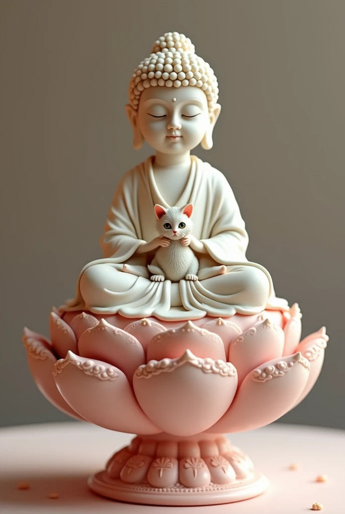 Buddha Statue, kitten Buddha statue meditates on a cake pedestal shaped like a lotus flower,