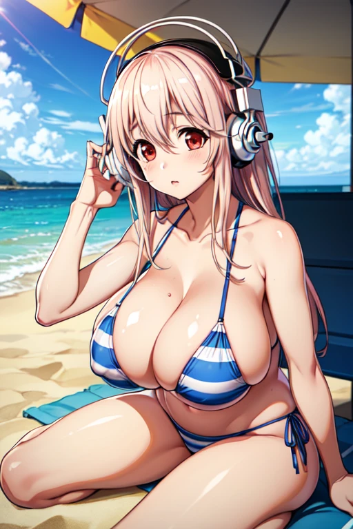 (8k, RAW photo, best quality),Super Sonico enjoying the beautiful beach scenery, with her red eyes shining and headphones on, sitting on the sand in a white and blue striped bikini, massive breasts, huge breasts, 1girl, solo,