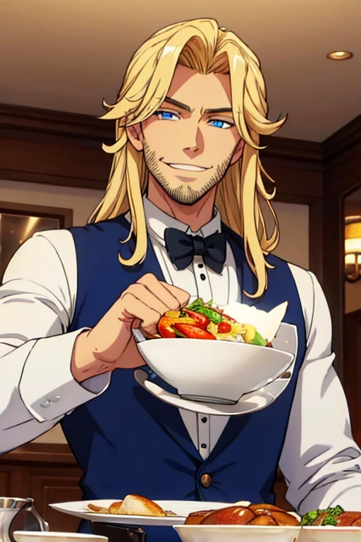 Perfect face. Perfect hands. A muscular blonde haired man with blue eyes and long hair and a dark beard in a butler's uniform is smiling while serving dinner in a fancy butler's cafe