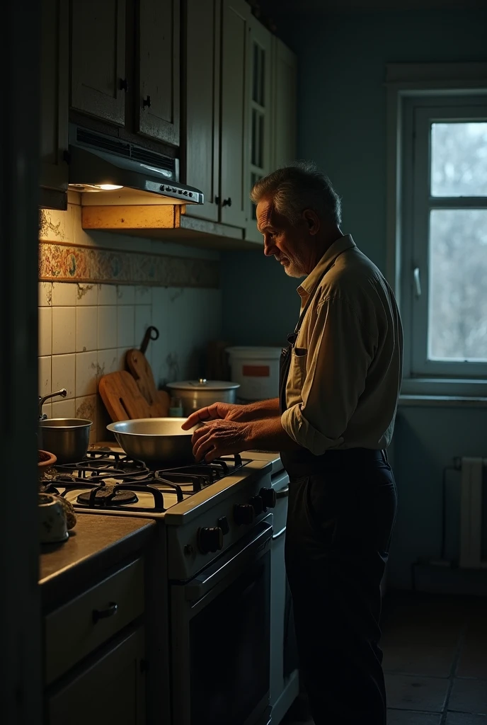Man in an old apartment,loneliness, one at the gas stove