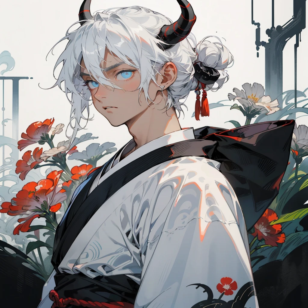 1male, white hair, long hair, messy man bun, blue eyes, white yukata, black underclothing, ((horns)), (old japan background), detailed background, standing on path, expressionless, emotionless, old japan town background, spider lillies, dark atmosphere, dark background, ((detailed eyes)), detailed face, illuminated eyes, dynamic lighting
