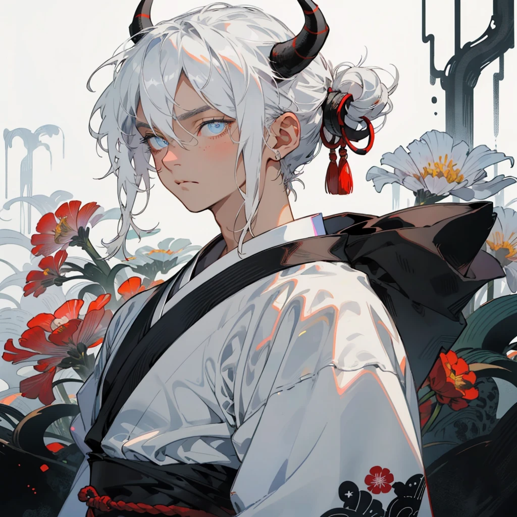 1male, white hair, long hair, messy man bun, blue eyes, white yukata, black underclothing, ((horns)), (old japan background), detailed background, standing on path, expressionless, emotionless, old japan town background, spider lillies, dark atmosphere, dark background, ((detailed eyes)), detailed face, illuminated eyes, dynamic lighting
