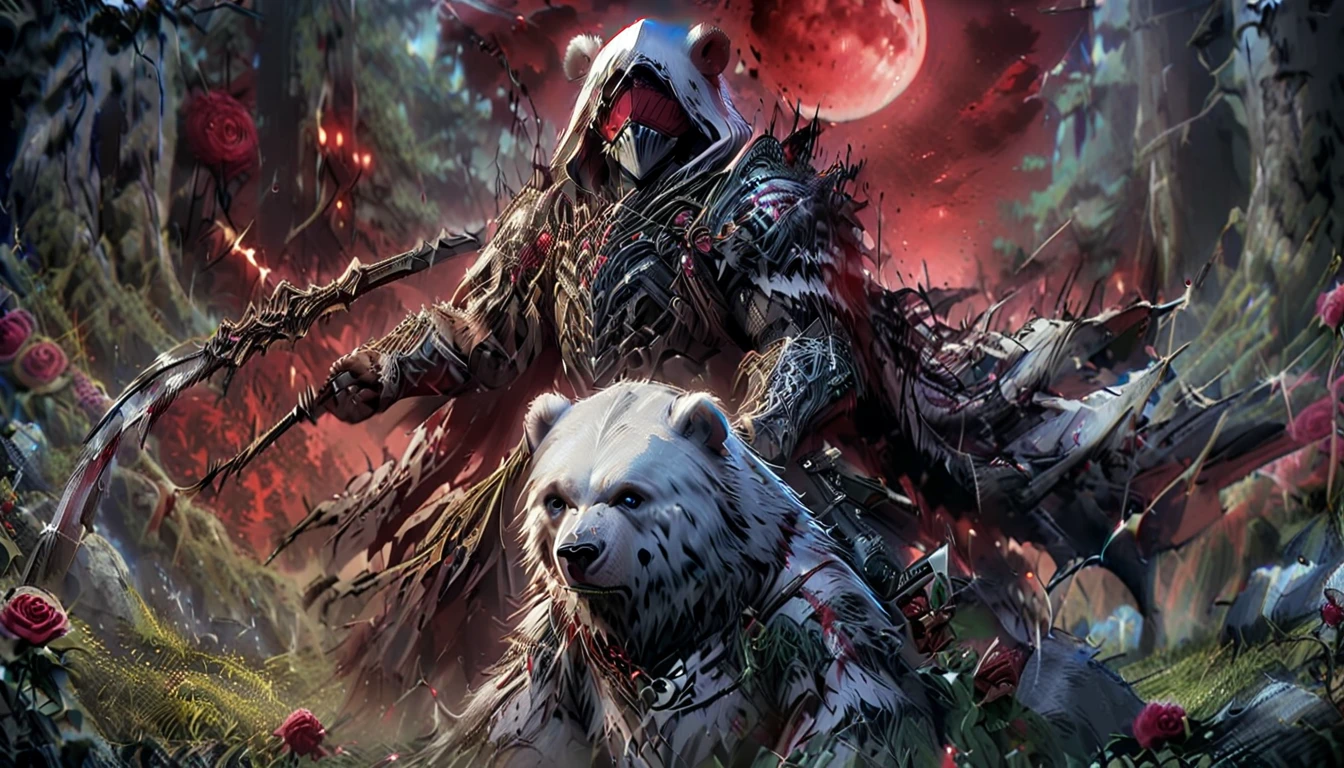 One man with a white hood with bear ears and a katana sits next to a polar bear in a forest while the blood moon shines, many Roses cover the ground and lightning falls from the sky. The man wears a red blindfold.