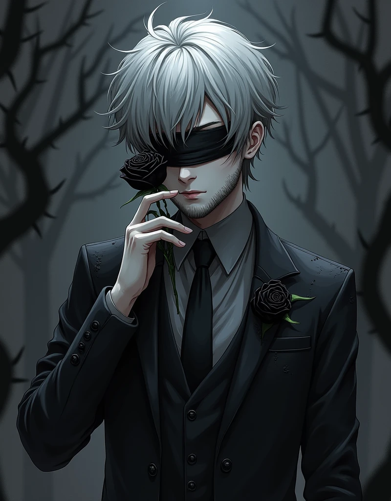 Create a anime style landscape image. Digital artwork featuring a young man with fair skin and "silver-gray beard" , silver-gray hair. The subject's eyes are covered with a black blindfold, adding a mysterious element to the image. They are dressed in a black suit that appears tattered and worn, with visible tears and holes. The person is holding a black rose close to their face, and another black rose is pinned to their lapel. The background is dark and features thorny branches, enhancing the gothic and somber atmosphere of the piece. The overall style is highly detailed and realistic, with a focus on dark, monochromatic tones.