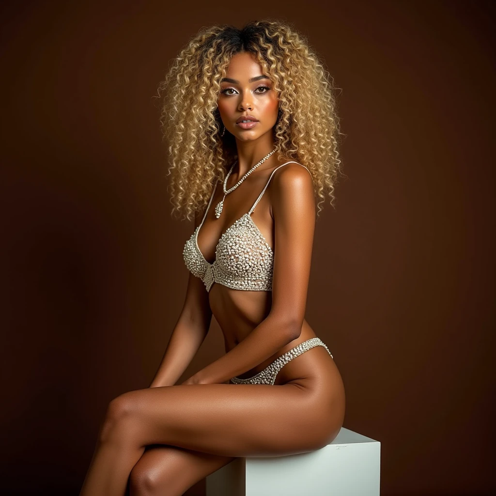Toffee color skin, beautiful toffee mixed woman with long blond curly hair and extremely detailled clear yellow eyes, She sits on a high white stool and does a magnificent photo shoot she has a beautiful outfit made of white pearl, Outfit made of pearls, she is beautiful, Chocolate brown background