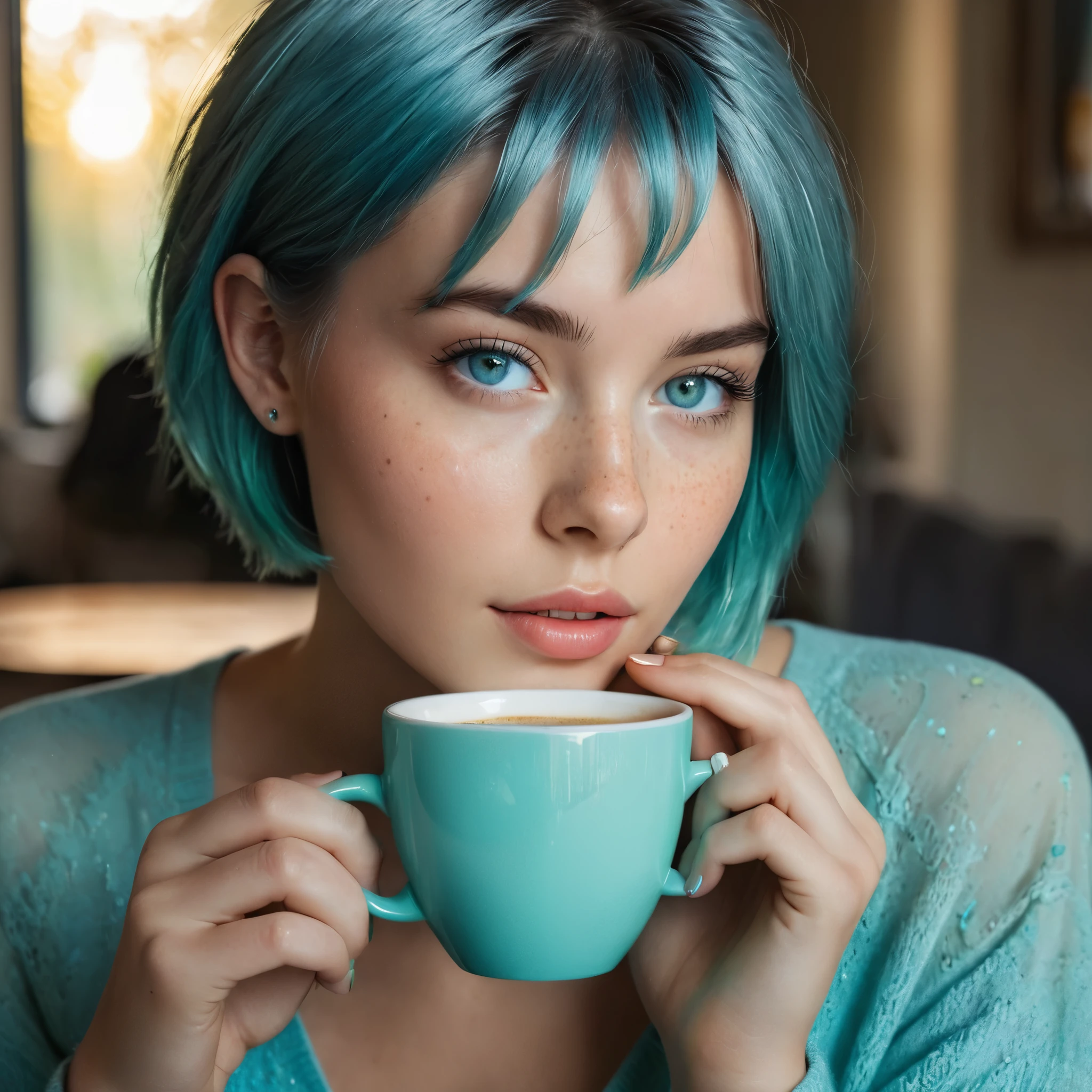 Woman 20 Years Old Nordic Ethnicity, short blue hair with a perfect face and light freckles, Blue-Green Eyes, A close-up of NovaiBrew’s hand holding a coffee cup, with soft morning light streaming in. She’s in a cozy yet elegant setting, perhaps with part of her in the frame, but the focus is on the coffee and the tranquil morning vibe.((Color palette - turquoise, neon green, yellow shades))