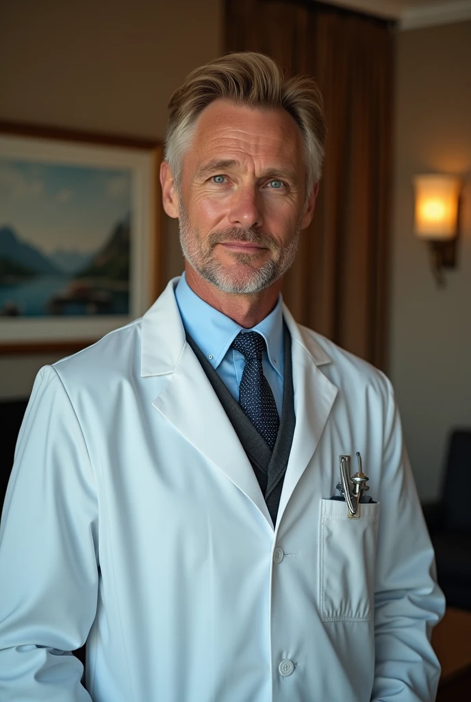 Create a photo of a strong doctor with well-cut hair and blue eyes, photo taken inside his office, leave him with blonde hair, perfect, Now give it to me from another angle. Shoot the same man from another angle