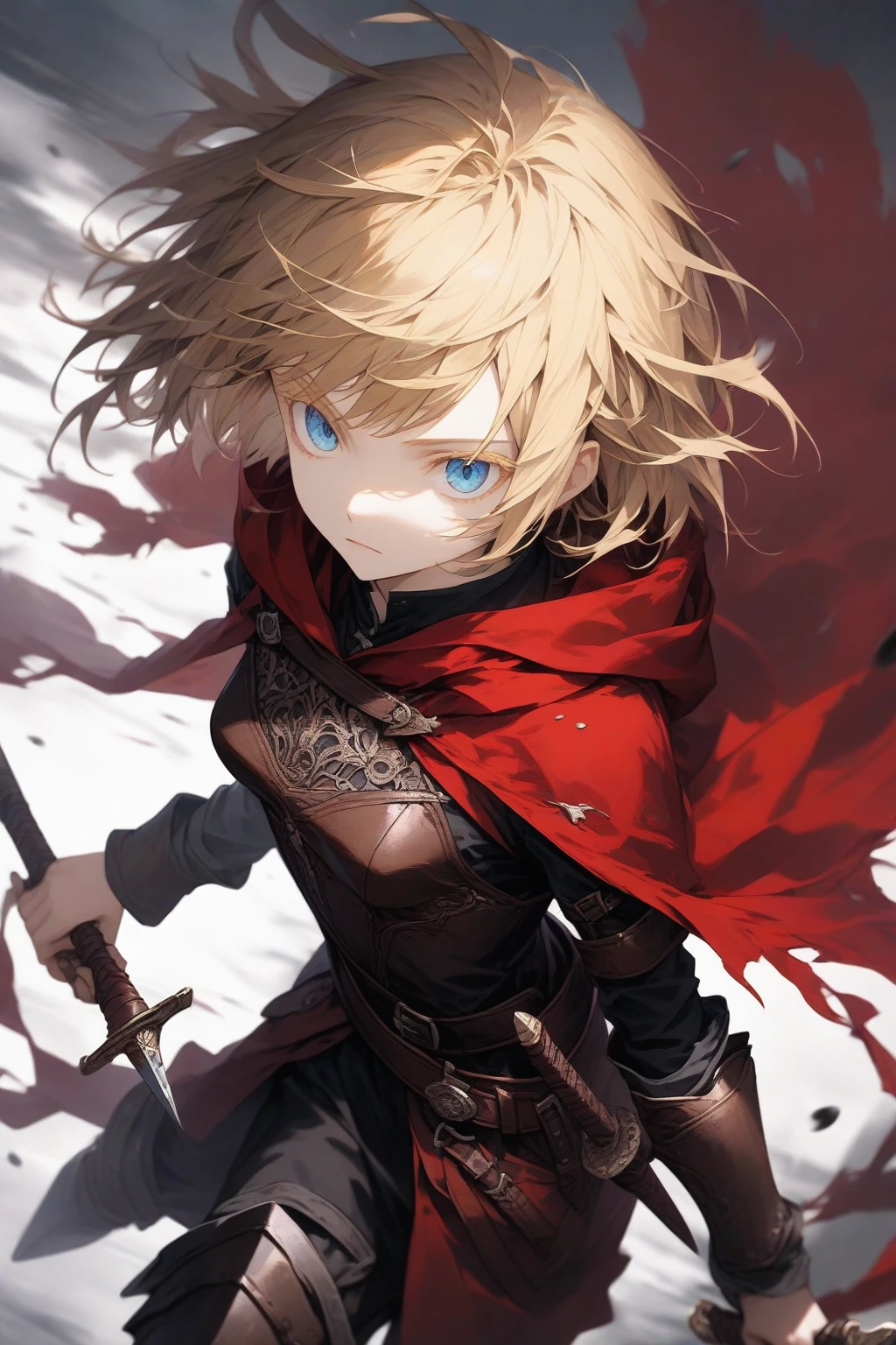 masterpiece, best quality, very aesthetic, absurdres,1girl,rating: general,(hyper detailed eyes),blonde hair,short hair,[disheveled hair],colored eyelashes,blonde eyelashes,blue eyes,(sharp eyes),(slanted eyes),choppy bangs,medium breasts,clear face,expressionless,(red hooded cloak),(leather armor),greaves,dagger,dual wielding,