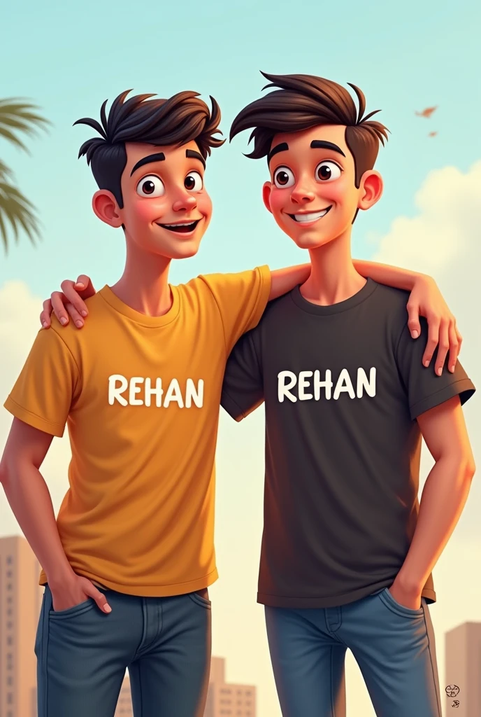 Two friends first friend name is Abdur Rehman and second friend name is Rehan Both name Printed on that's t shirt