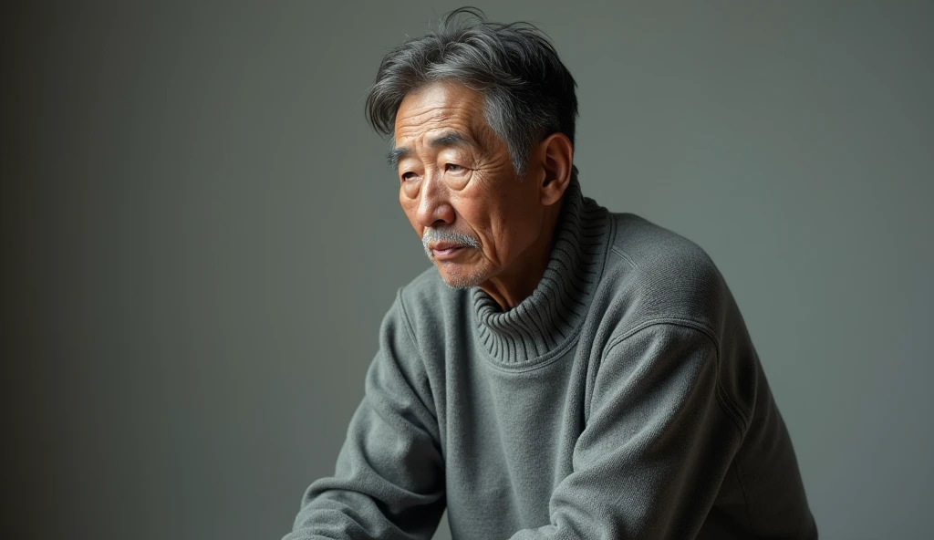 old Korean man of age around 55 years wearing grey sweater, his full body is visible in frame
