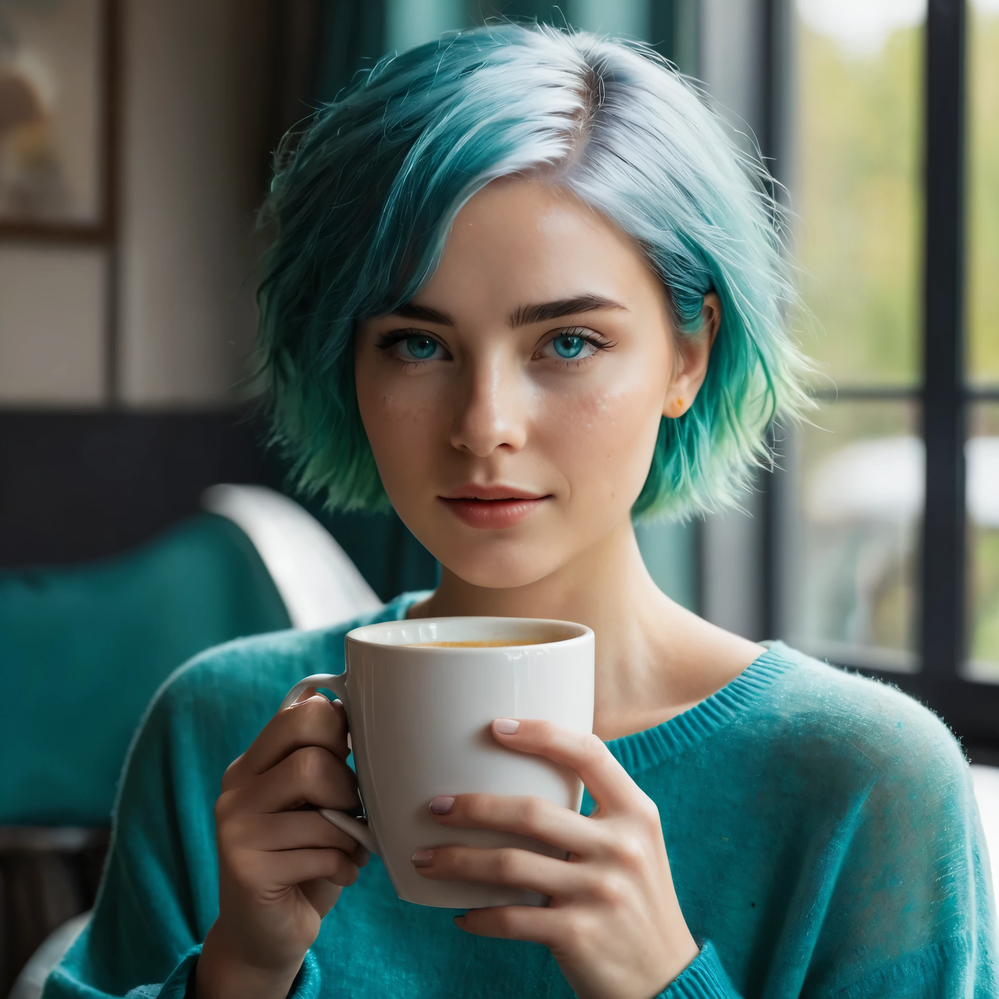 Woman 20 Years Old Nordic Ethnicity, short blue hair with a perfect face and light freckles, Blue-Green Eyes, A close-up of NovaiBrew’s hand holding a coffee cup, with soft morning light streaming in. She’s in a cozy yet elegant setting, perhaps with part of her in the frame, but the focus is on the coffee and the tranquil morning vibe.((Color palette - turquoise, neon green, yellow shades))