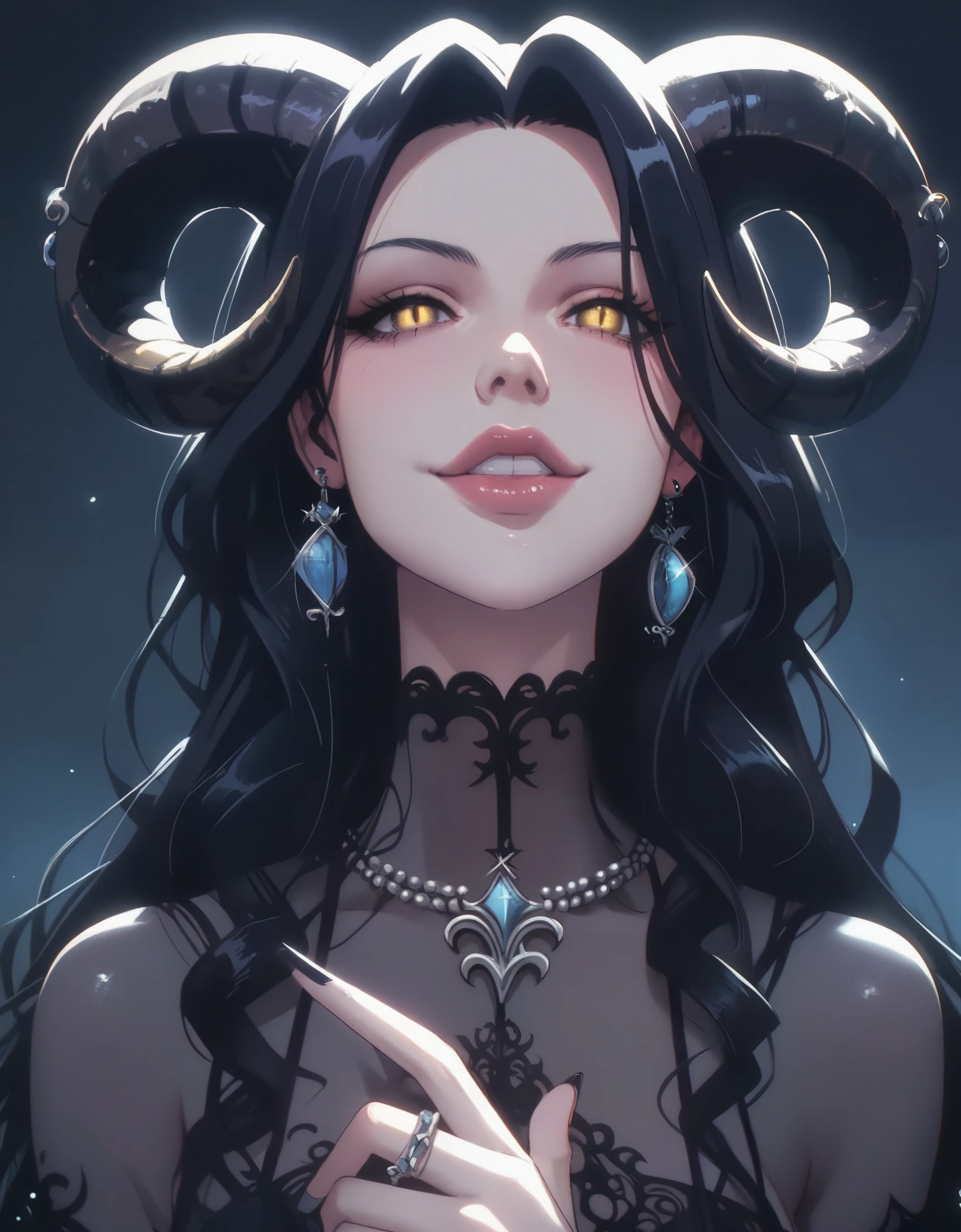 A demonic and seductive looking anime character, with black wings, long dark flowing hair, bright golden eyes, and curved horns like those of a ram. has pale skin, a mischievous smile and a playful and mysterious expression, holding a finger to his lips as if silencing someone. She wears a white dress with intricate detailing and gold accents, along with a blue gem on his chest. The scene is dramatically lit., with soft shadows that enhance her sharp features, as the background fades into darkness, adding an enigmatic and magical touch. The style is a mix of anime fantasy with intricate details, Capturing an intense portrait, close and dynamic