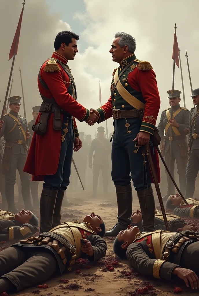 Draw Bolivar and Santander shaking hands with dead Spaniards around them