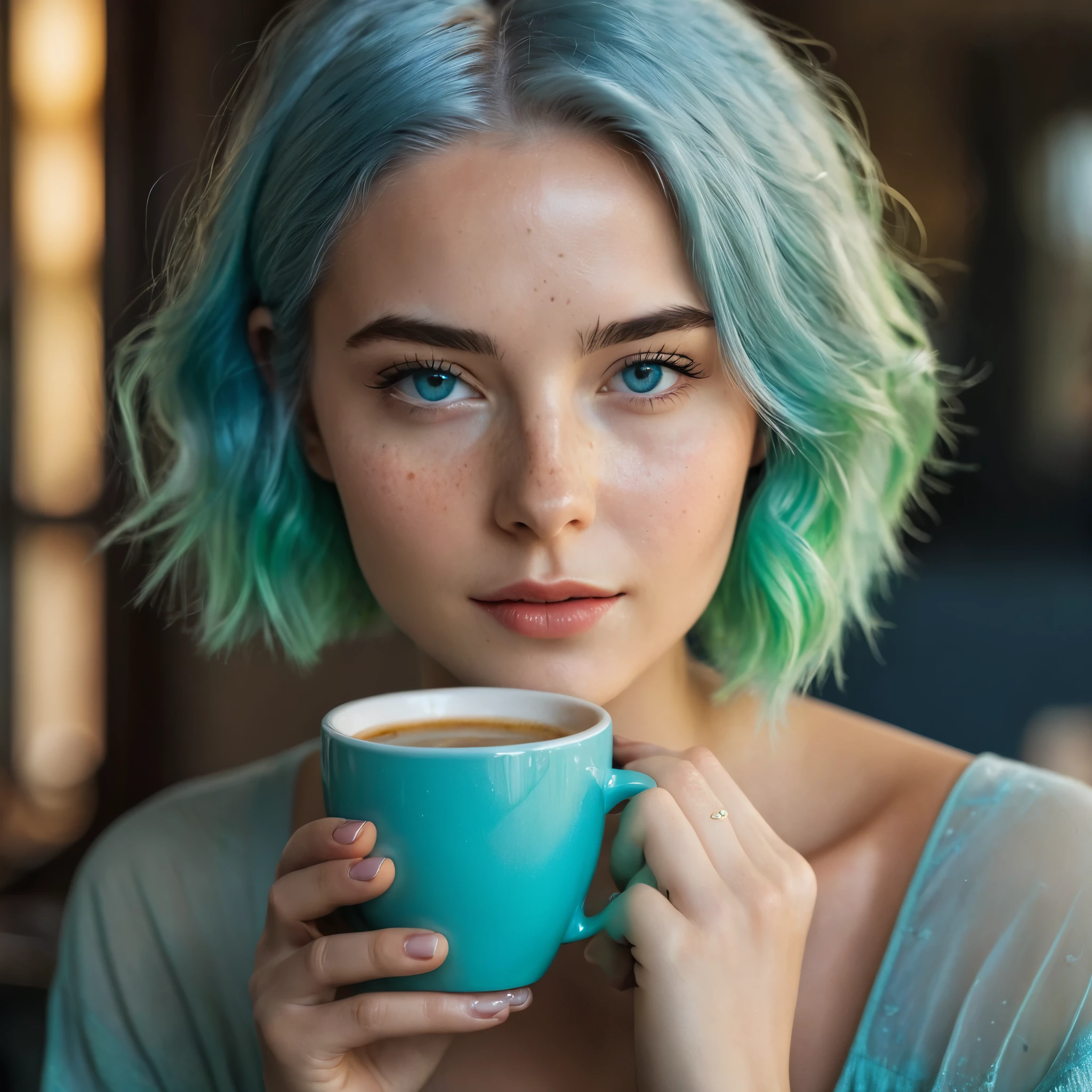 Woman 20 Years Old Nordic Ethnicity, short blue hair with a perfect face and light freckles, Blue-Green Eyes, A close-up of NovaiBrew’s hand holding a coffee cup, with soft morning light streaming in. She’s in a cozy yet elegant setting, perhaps with part of her in the frame, but the focus is on the coffee and the tranquil morning vibe.((Color palette - turquoise, neon green, yellow shades))