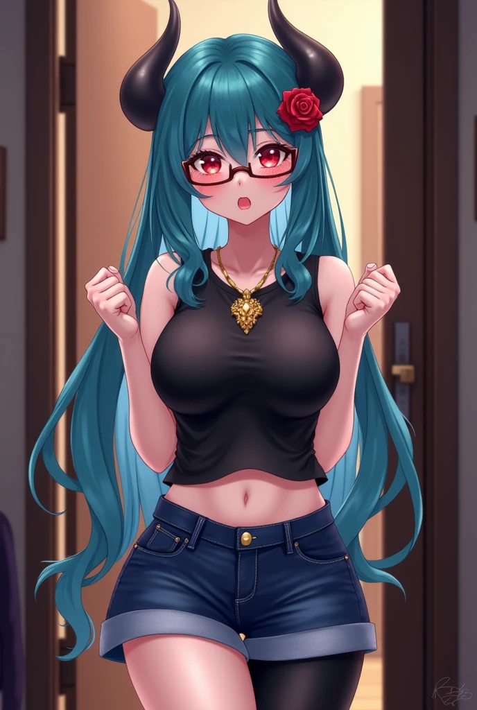 (masterpiece), best quality, expressive eyes, perfect hybrid succubus girl face, long cyan and blue hair, scarlet red eyes, closed eyes, glasses, blushing, pouting, brooch with a rose in her hair, short sleeveless t-shirt black, gold necklace between her breasts, shorts, navy blue jean stockings, perfect big round breasts, thick thighs, at home, front door, nervous, doing this with her hands:👉👌, nfsw