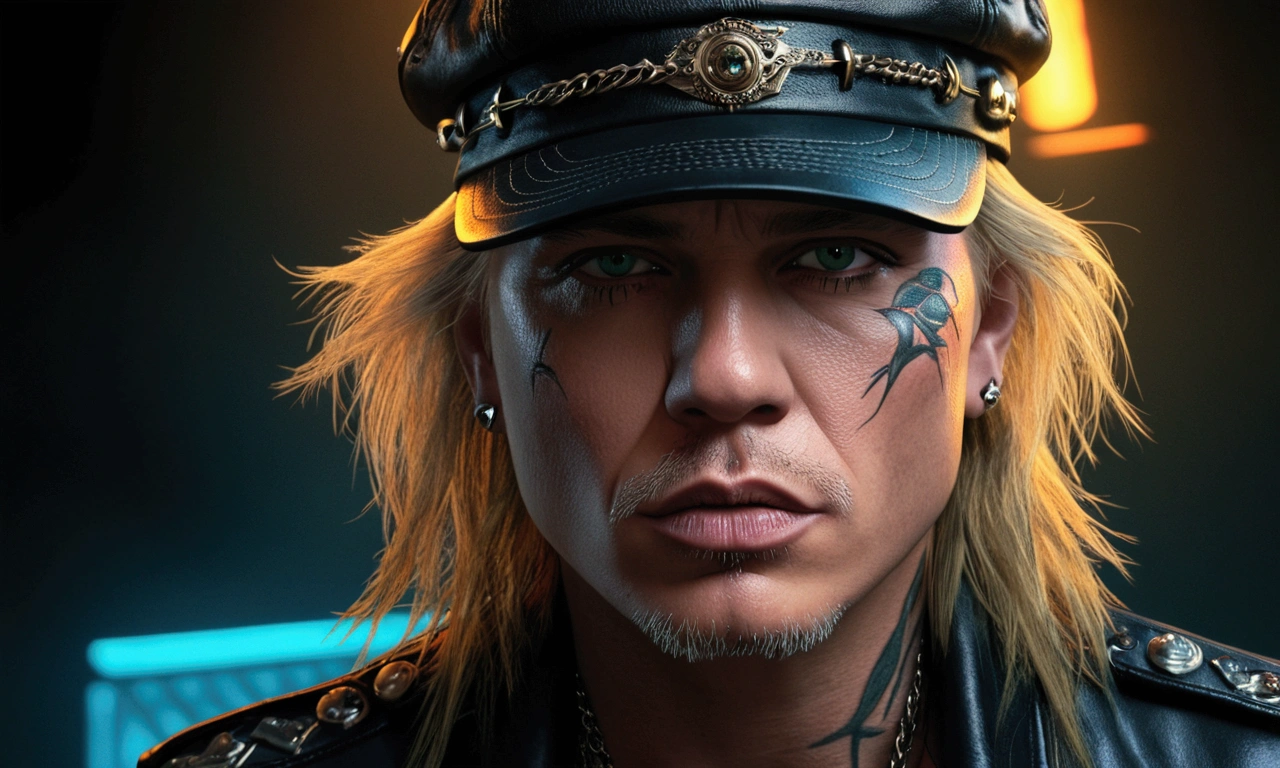 A highly detailed, photorealistic portrait of Axel Roses, lead singer of Guns N' Roses, in the style of the album cover "Use Your Illusion", realistic skin texture, beautiful detailed eyes, beautiful detailed lips, extremely detailed face, long eyelashes, intricate tattoos, dark moody lighting, dramatic chiaroscuro, cinematic composition, rich color palette, neon lights, dystopian sci-fi background, multiple versions of Axel Roses in different poses and expressions, surreal, dreamlike, hyperdetailed, 8k, high resolution, masterpiece
