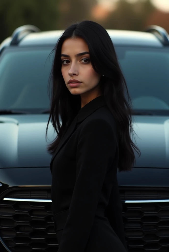 A very dark 20 year old Algerian girl, short in height, with black hair and black clothes in front of a black 2018 Hyundai Creta