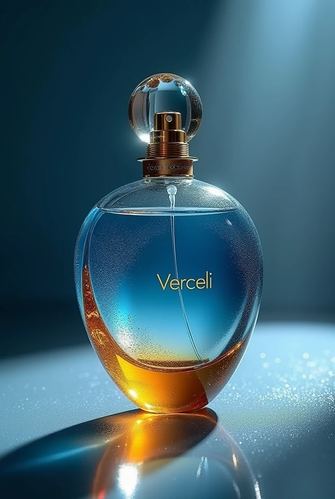 Perfume with the name Vercceli with the different blue and gold transparent bottle