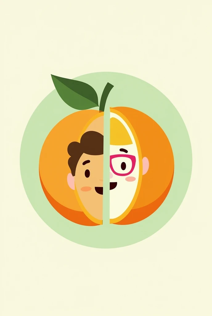 On a light green circular background with fruit leaves. With a minimalist style for a logo Draw 1 orange split in half. Each Half must be animated with an identity, The first one should be male with a pompadour hairstyle and the other female with pink glasses