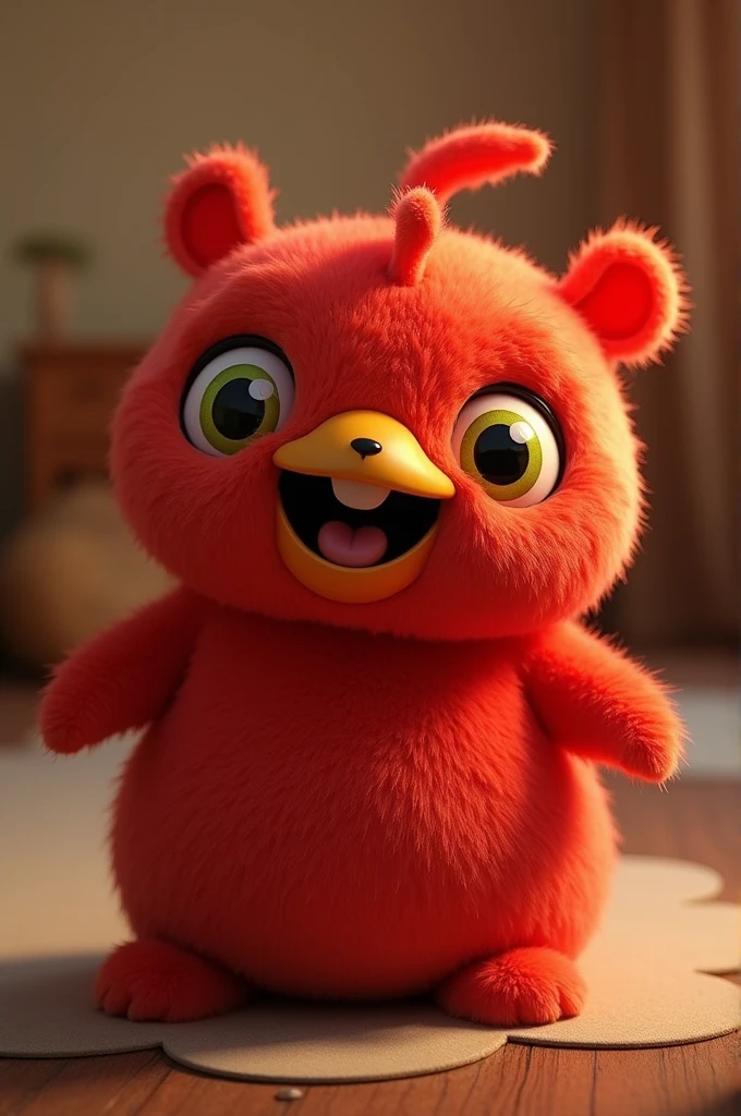 Red plush toy with yellow eyes and yellow mouth 