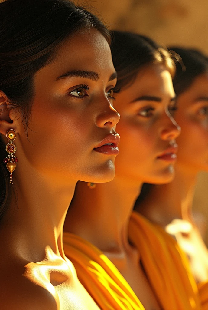 Sigiriya wall art beautiful women in real life ,light gold mixed yellow skin with long beautiful nose side view real.