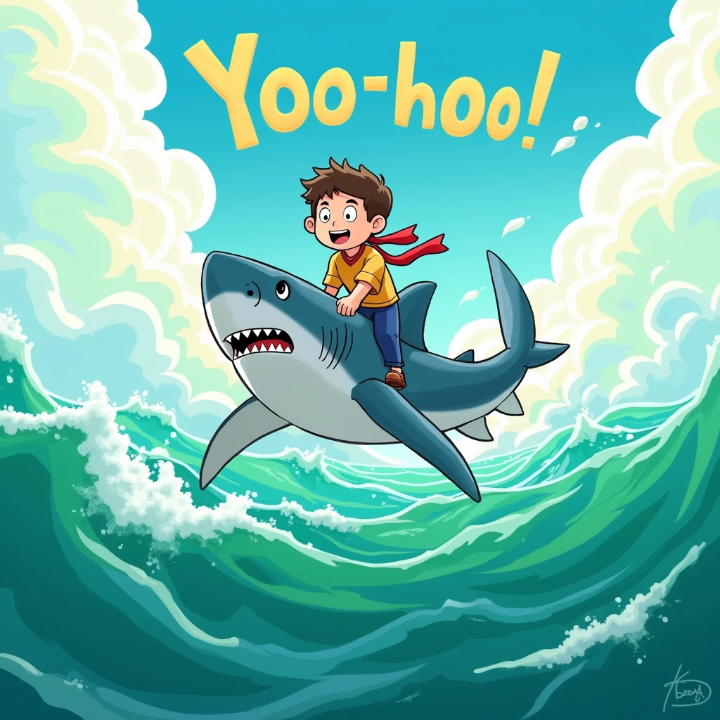 A person riding a shark in an emerald green ocean, bright vibrant sky with white fluffy clouds, playful 'Yoo-hoo' text above the person, humorous and light-hearted vibe, colorful and cartoonish style