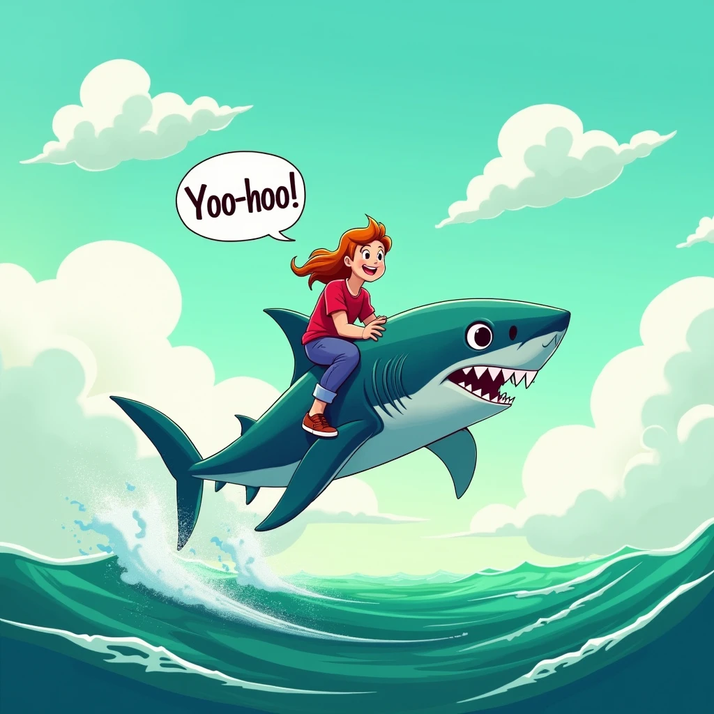 A person riding a shark in an emerald green ocean, bright vibrant sky with white fluffy clouds, playful 'Yoo-hoo' text above the person, humorous and light-hearted vibe, colorful and cartoonish style