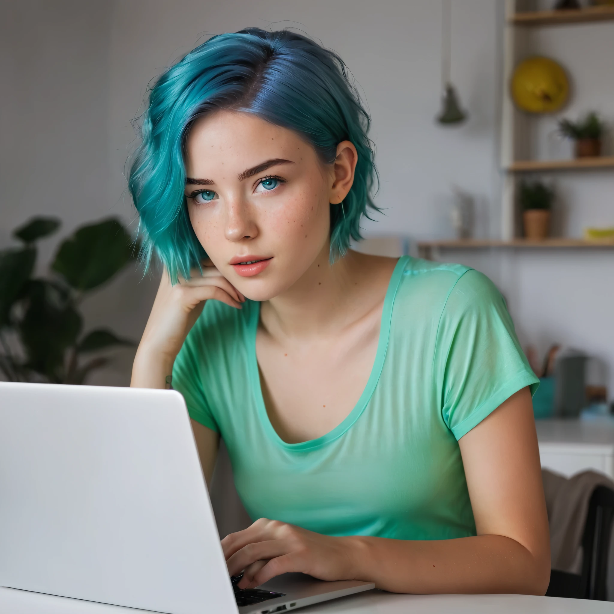 Woman 20 Years Old Nordic Ethnicity, short blue hair with a perfect face and light freckles, Blue-Green Eyes, A shot of NovaiBrew in her studio, focused on her laptop with music software open. The setting is warm and inviting, with a cup of coffee nearby. She’s dressed in something stylish but comfortable, emphasizing her creative side.((Color palette - turquoise, neon green, yellow shades))