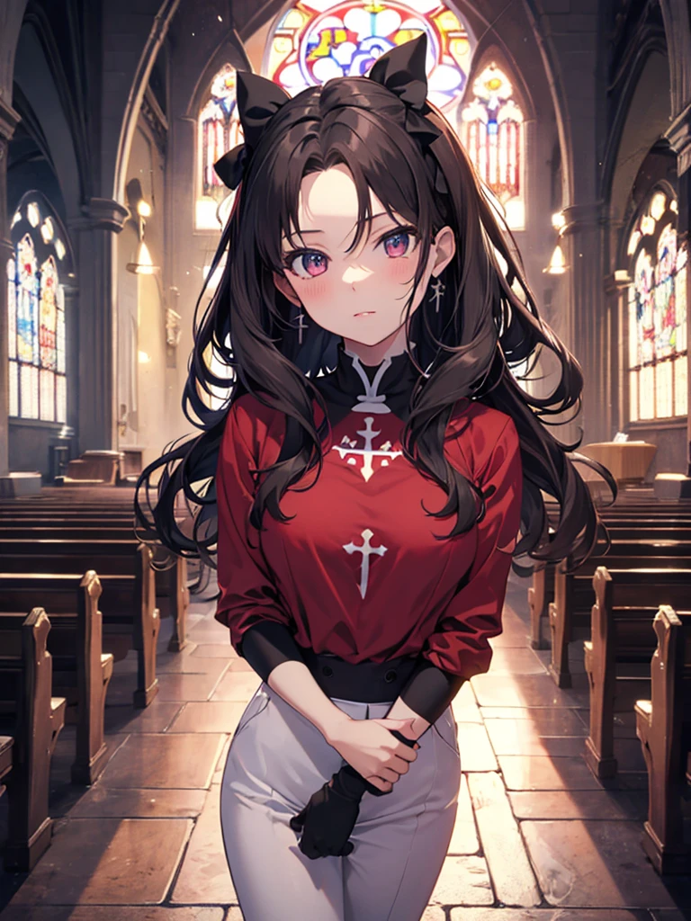 The background is a church, cute, Beauty, Tohsaka Rin, (masterpiece), highest quality, 1girl, uhd, retina, masterpiece, ccurate, anatomically correct, textured skin, super detail, high details, high quality, best quality, highres, 4K