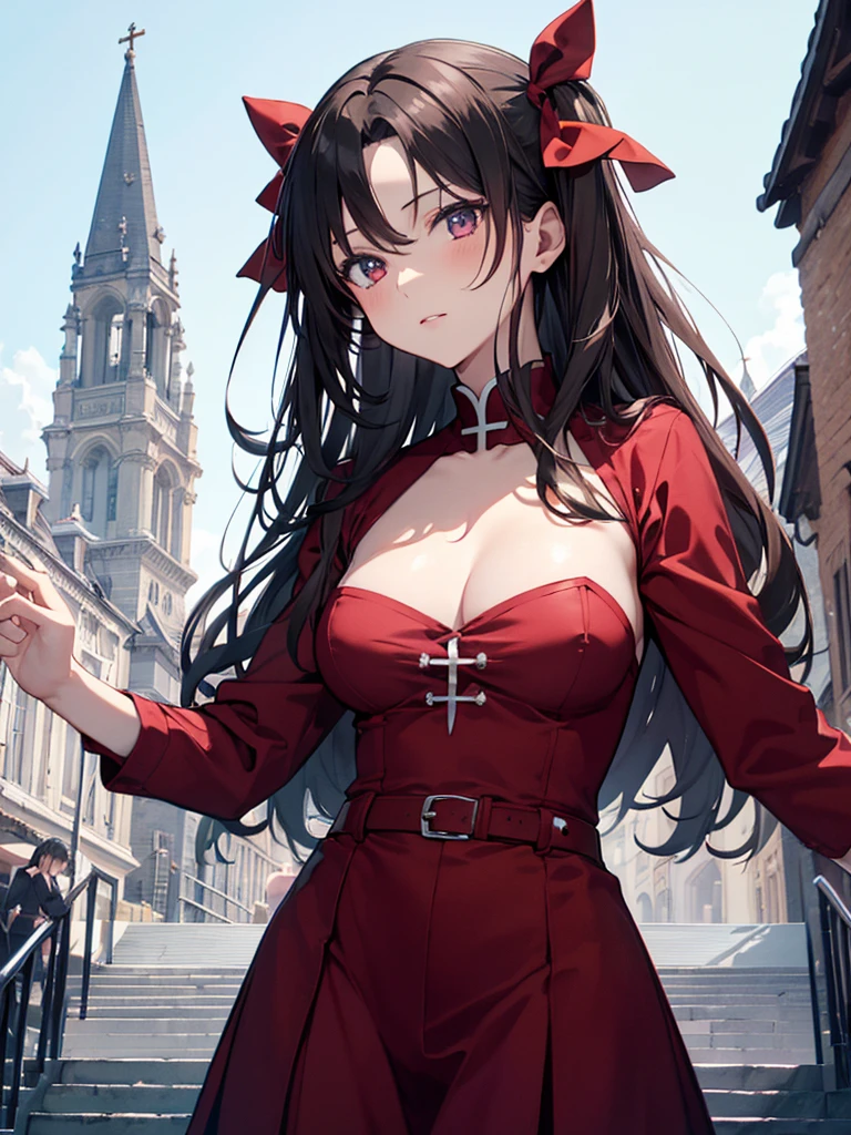 The background is a church, cute, Beauty, Tohsaka Rin, (masterpiece), highest quality, 1girl, uhd, retina, masterpiece, ccurate, anatomically correct, textured skin, super detail, high details, high quality, best quality, highres, 4K