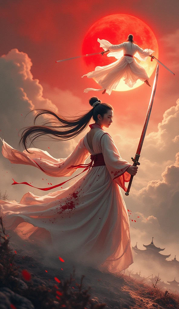 Won, Super detailed, masterpiece, (Depth of written boundary:1.7)Slow motion action sequences,cigarette, Highest quality,High resolution,Hua Dan,Highest quality,masterpiece,High resolution, Pixiv, Emma, (((wearing chinese hanfu,Ancient Chinese sword-wielding woman with blood splattered on her clothes)), ((((, A Chinese swordsman wearing a white transparent veil gathers his strength and floats in the sky.、Rotate your body and use centrifugal force to swing your sword,The sword is moving too fast and is shaking.,The dynamism of wire action))))Brave Flower Mokuran, Ancient costume, Battlefields of Ancient Chinese Dynasties, Surreal details, hurtle,Full body shot of Vogue, Photo by Andreas Gursky, Combining tradition and modernity(Light anger:1.4) ( Ridiculously long hair:1.5),((The girl expressed her disgust)), , ((((The flames burning behind the maiden)))), (Behind the girl is a battlefield), (((Bloody))),(Long legs:1.3), (Chinese Armor:1.7),(Chinese breastplate,Chinese Armor,:1.5),(Very long skirt:1.8),(Very long red cape:1.5),(Sword in hand:1.5) Draw a long, Super long sword,Hold one long, Super long sword, A tense shot(The sky shines red,Visual impact,Give your poster a dynamic and visually striking look:1.2),High-impact photos,To shoot from above. art：Zao Wou-ki Extreme Close-up, Focus on the face,  コンセプトart QingKung 1girl( Super View, Ultra Wide Angle:1.6)(horizon:1.3), (evening, sunset:1.3)