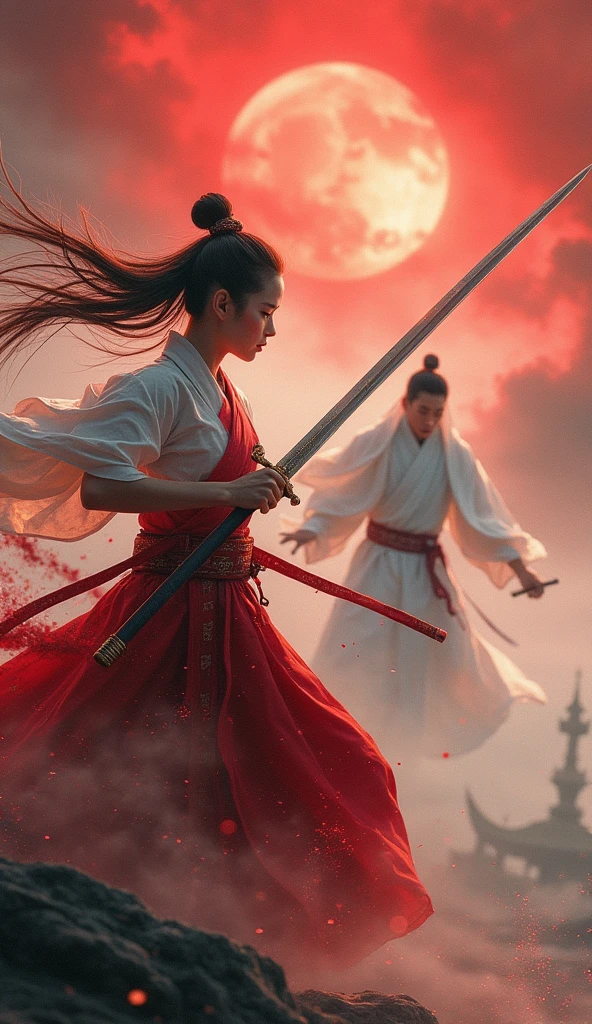 Won, Super detailed, masterpiece, (Depth of written boundary:1.7)Slow motion action sequences,cigarette, Highest quality,High resolution,Hua Dan,Highest quality,masterpiece,High resolution, Pixiv, Emma, (((wearing chinese hanfu,Ancient Chinese sword-wielding woman with blood splattered on her clothes)), ((((, A Chinese swordsman wearing a white transparent veil gathers his strength and floats in the sky.、Rotate your body and use centrifugal force to swing your sword,The sword is moving too fast and is shaking.,The dynamism of wire action))))Brave Flower Mokuran, Ancient costume, Battlefields of Ancient Chinese Dynasties, Surreal details, hurtle,Full body shot of Vogue, Photo by Andreas Gursky, Combining tradition and modernity(Light anger:1.4) ( Ridiculously long hair:1.5),((The girl expressed her disgust)), , ((((The flames burning behind the maiden)))), (Behind the girl is a battlefield), (((Bloody))),(Long legs:1.3), (Chinese Armor:1.7),(Chinese breastplate,Chinese Armor,:1.5),(Very long skirt:1.8),(Very long red cape:1.5),(Sword in hand:1.5) Draw a long, Super long sword,Hold one long, Super long sword, A tense shot(The sky shines red,Visual impact,Give your poster a dynamic and visually striking look:1.2),High-impact photos,To shoot from above. art：Zao Wou-ki Extreme Close-up, Focus on the face,  コンセプトart QingKung 1girl( Super View, Ultra Wide Angle:1.6)(horizon:1.3), (evening, sunset:1.3)