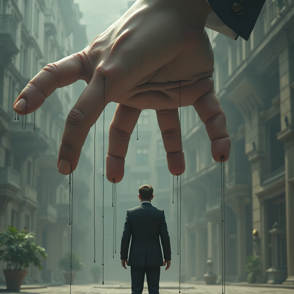 a European politician controlled by strings which in turn are tied to the fingers of a giant hand that towers above, the upper hand is open, a thread for each finger, (5 plain, Head, right hand, left hand, right foot and left foot). photo