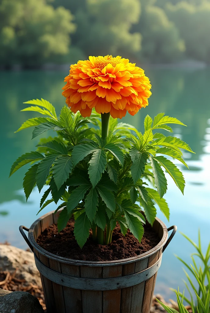 A healthy plant or marigold , with green and very beautiful leafs  thick steam and cute and in the bucket made up of soil in nature beside the lake with crystal clear water inside 
