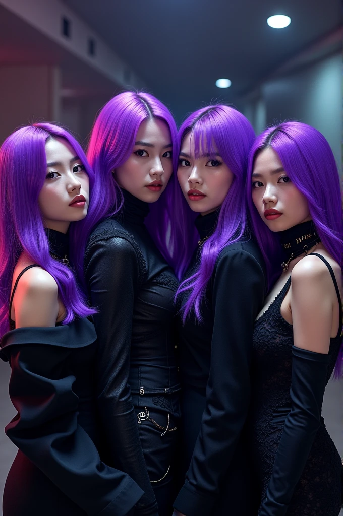 create 4 dark themed korean kpop girls with different colored hair