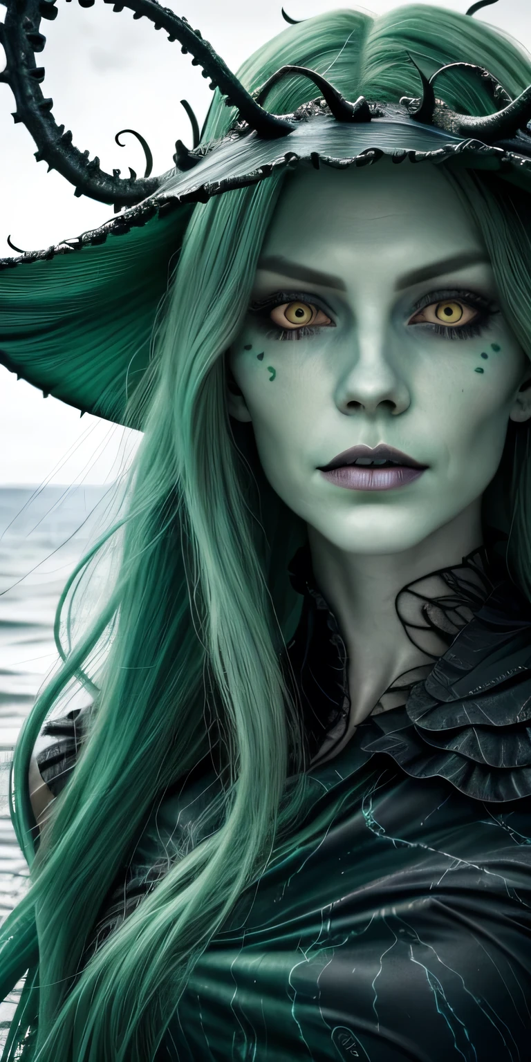 sea witch painting, Long Green Hair, evil, evil党, She is coming to you, Close-up, Dark Ocean,( In the water:1.1), lightning, Bright Eyes, Wearing a dress made of algae, Tentacles, octopus, (Close-up:1.3)