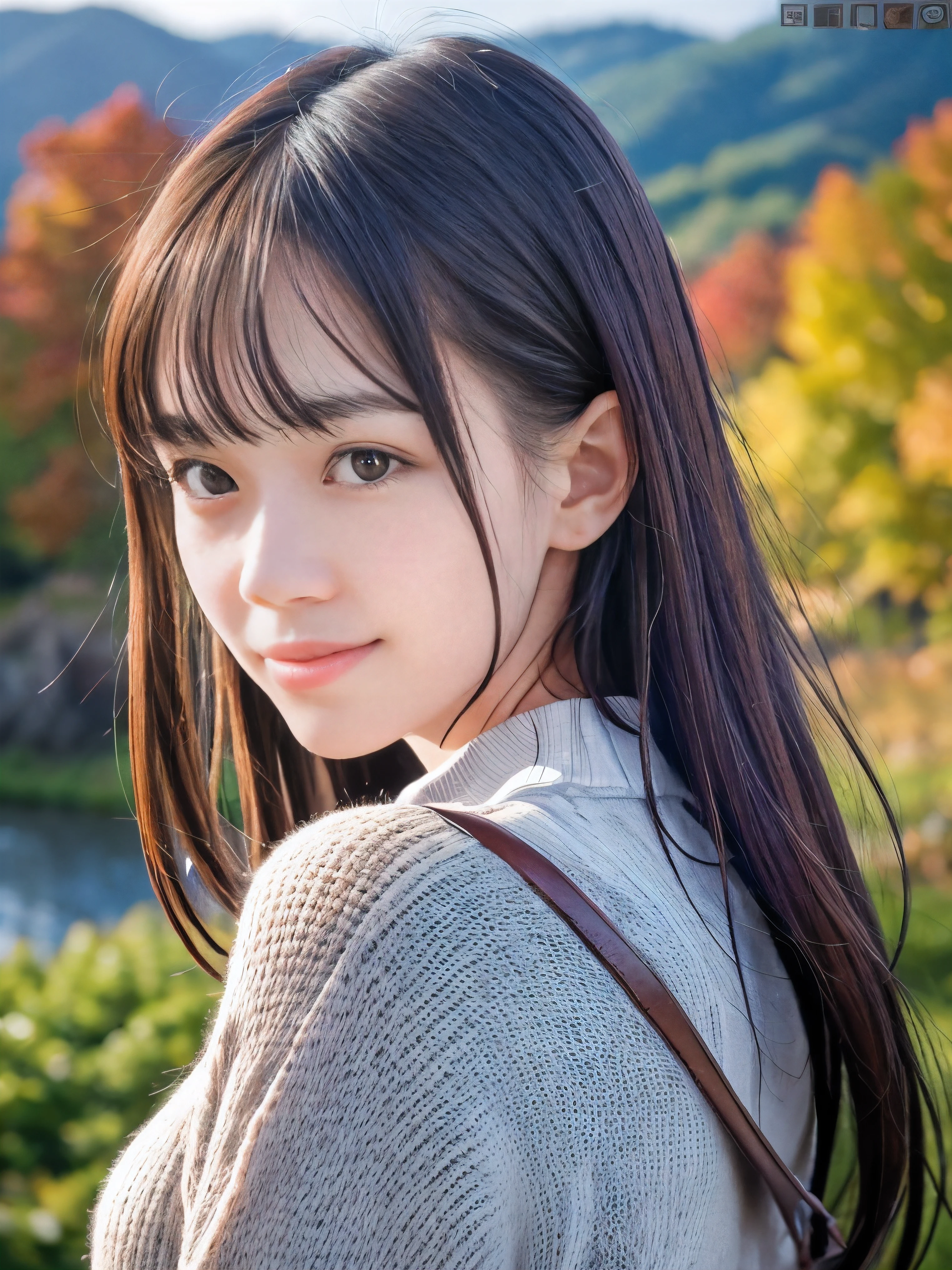 (Close up face shot of one slender small breasts dark silver long hair with swept bangs girl in a long sleeves shirt and sweater and skirt:1.5)、(One girl is looking back with sad smile on the dart road near the lake and big waterfall in Japan:1.5)、(Beautifulsunset time with autumn red leaves and mountain:1.5)、(Natural light:1.5)、(8k ultra detailed master piece:1.5)、(perfect anatomy:1.5)、(Photorealistic stick:1.5)、(Raw photo:1.3)、(highest quality:1.5)、(High resolution:1.3)、(Delicate and beautiful perfect face:1.3)、(Delicate and beautiful eye air skin:1.3)、(Real Human Skin:1.3)、((thin legs))