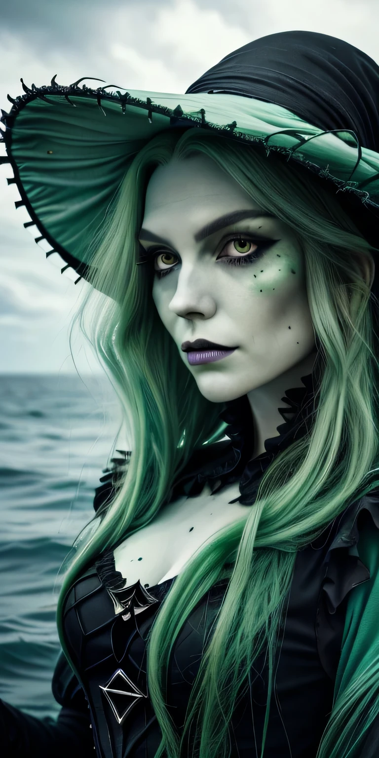 sea witch painting, Long Green Hair, evil, evil党, She is coming to you, Close-up, Dark Ocean,( In the water:1.1), lightning, Bright Eyes, Wearing a dress made of algae, Tentacles, octopus, (Close-up:1.3)