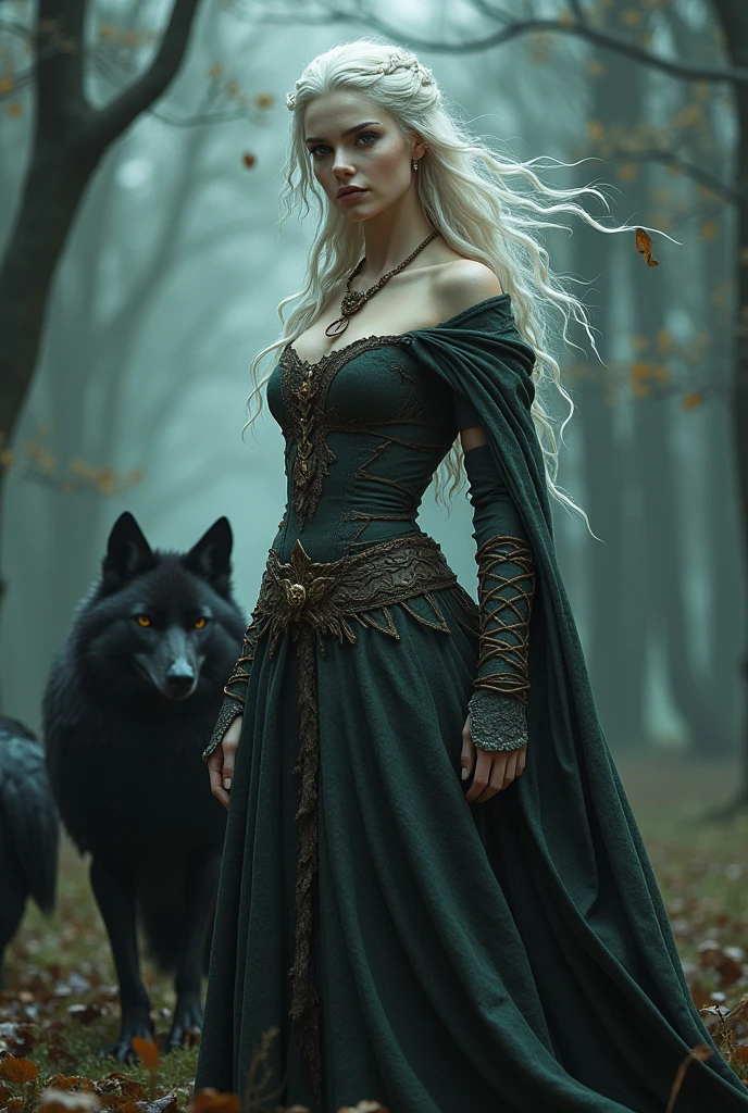 a sexy celtic witch, wearing beast skin clothing, white hair in braids, wolf and raven, intricate details, hyper realistic, photorealistic, (best quality,4k,8k,highres,masterpiece:1.2),ultra-detailed,(realistic,photorealistic,photo-realistic:1.37),HDR,UHD,studio lighting,ultra-fine painting,sharp focus,physically-based rendering,extreme detail description,professional,vivid colors,bokeh,fantasy,dark fantasy,spooky,moody,dramatic lighting