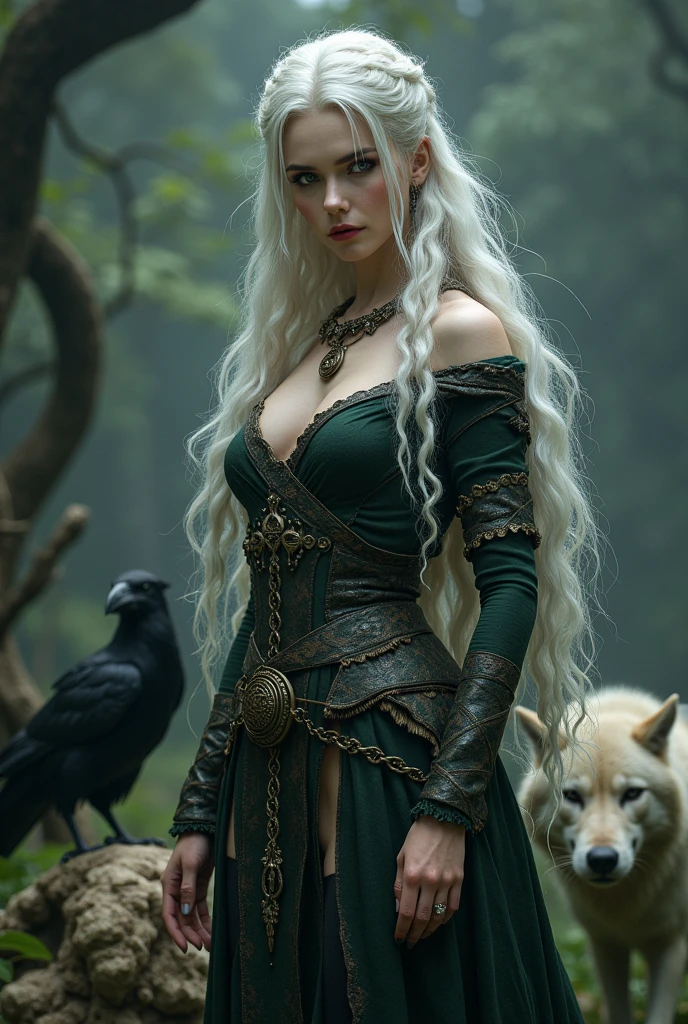 a sexy celtic witch, wearing beast skin clothing, white hair in braids, wolf and raven, intricate details, hyper realistic, photorealistic, (best quality,4k,8k,highres,masterpiece:1.2),ultra-detailed,(realistic,photorealistic,photo-realistic:1.37),HDR,UHD,studio lighting,ultra-fine painting,sharp focus,physically-based rendering,extreme detail description,professional,vivid colors,bokeh,fantasy,dark fantasy,spooky,moody,dramatic lighting