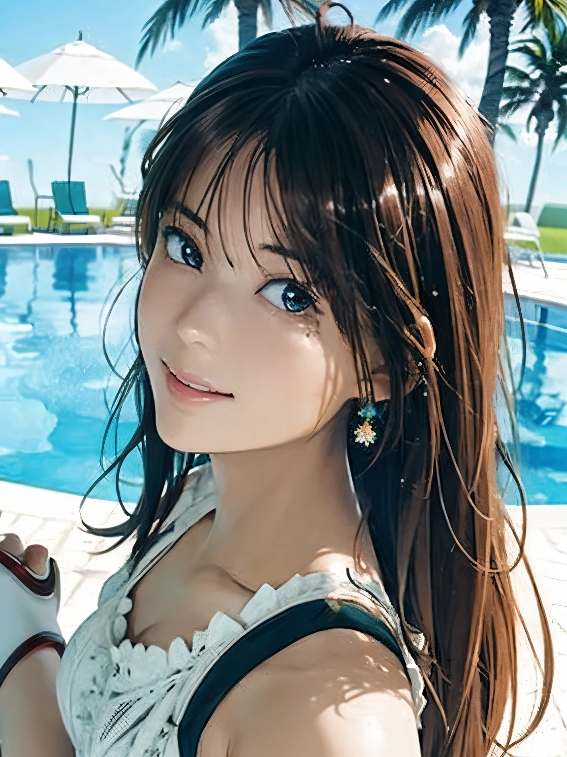 High resolution, 8k, Highest quality, detailed, Semi-realistic anime, Anime 3D Style, Smooth anime CG, One Girl, A 20-year-old Japanese woman, slim, Modeled, Shiny brown hair, detailedな顔, Beautiful and detailed, Glowing Skin, Hard Focus、Film Grain, Soft lighting, Looking at the audience, Laughter, (Woman wearing a summer dress and sandals), Poolside at a tropical resort hotel、Palm tree landscape