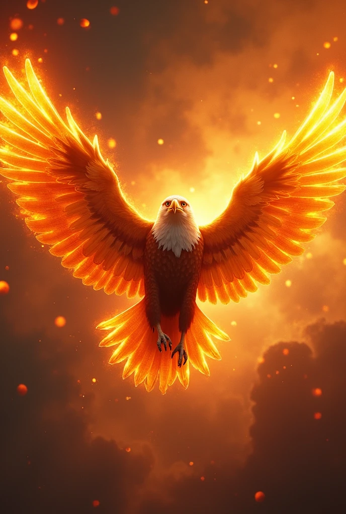 Eagle flying in air with fire on it's wings 
with orange and flame sky background