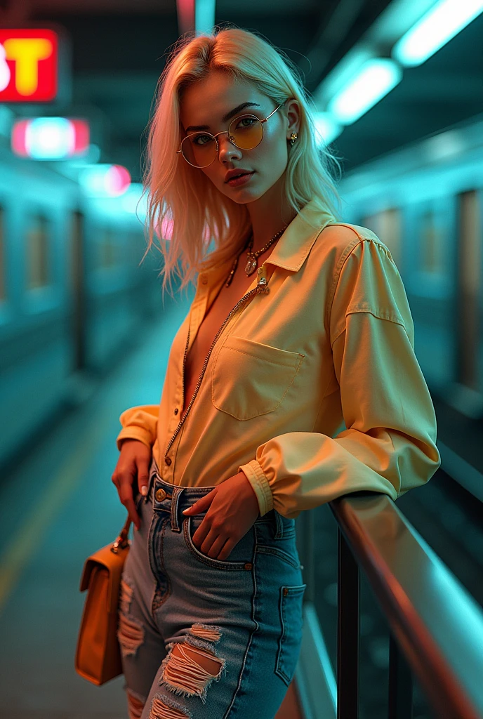 a beautiful woman with shoulder-length blond-colored hair, green eyes, wearing round Ray-Ban style glasses, neon-acid frayed blouse, ripped jeans at the knee, carrying a fluorescent caramel/gold bag, standing and leaning against a railing in a subway station, intricate details, photorealistic textures, cinematic lighting, vibrant colors, atmospheric environment, anime style, niji journey, best quality, 8k, highres, masterpiece, ultra-detailed, realistic, photorealistic, photo-realistic, HDR, UHD, studio lighting, ultra-fine painting, sharp focus, physically-based rendering, extreme detail description, professional, vivid colors, bokeh, more detail, enhanced, poakl.