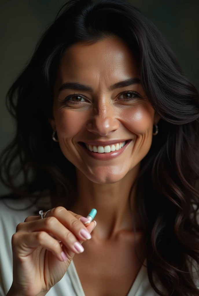 a beautiful latin woman, 55 old years, holding a medicine capsule with his fingers, detailed face, long ebony hair, smiling, cinematographic lighting, ultra detailed, high quality, masterpiece,