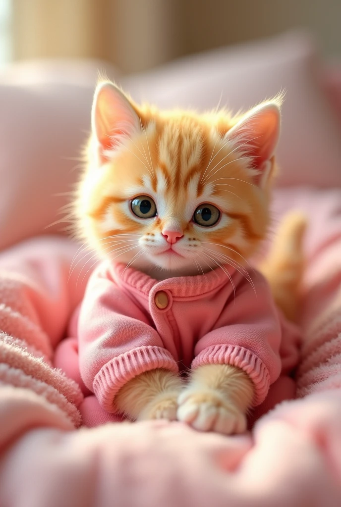 Yellow kitten with green eyes in pink clothes lying on the bed