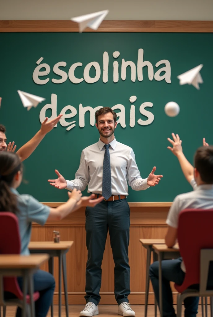 Logo with the name “ESCOLINHA DEMAIS” with a 30-year-old male teacher in front and a chalkboard, in which funny adult students are throwing paper balls and paper airplanes