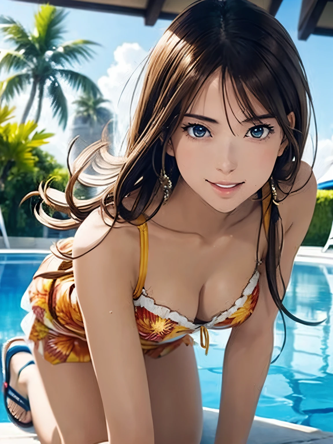 High resolution, 8k, Highest quality, detailed, Semi-realistic anime, Anime 3D Style, Smooth anime CG, One Girl, A 20-year-old Japanese woman, slim, Modeled, Shiny brown hair, detailedな顔, Beautiful and detailed, Glowing Skin, Hard Focus、Film Grain, Soft lighting, Looking at the audience, Laughter, (Woman wearing a summer dress and sandals), Poolside at a tropical resort hotel、Palm tree landscape