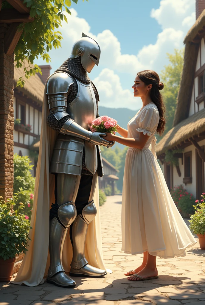 A white knight welcomed 
by a innpeekers adult daughter in a village 