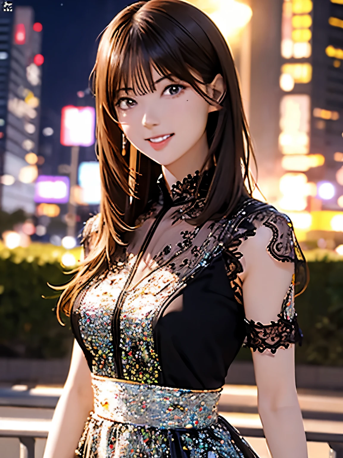 High resolution, 8k, Highest quality, detailed, Semi-realistic anime, Anime 3D Style, Smooth anime CG, One Girl, A 20-year-old Japanese woman, slim, Modeled, Shiny brown hair, detailedな顔, Beautiful and detailed, Glowing Skin, Hard Focus、Film Grain, Soft lighting, Looking at the audience, Laughter, (Elegant Dresses、Sophisticated style that matches the urban atmosphere), Night view of a city lined with skyscrapers